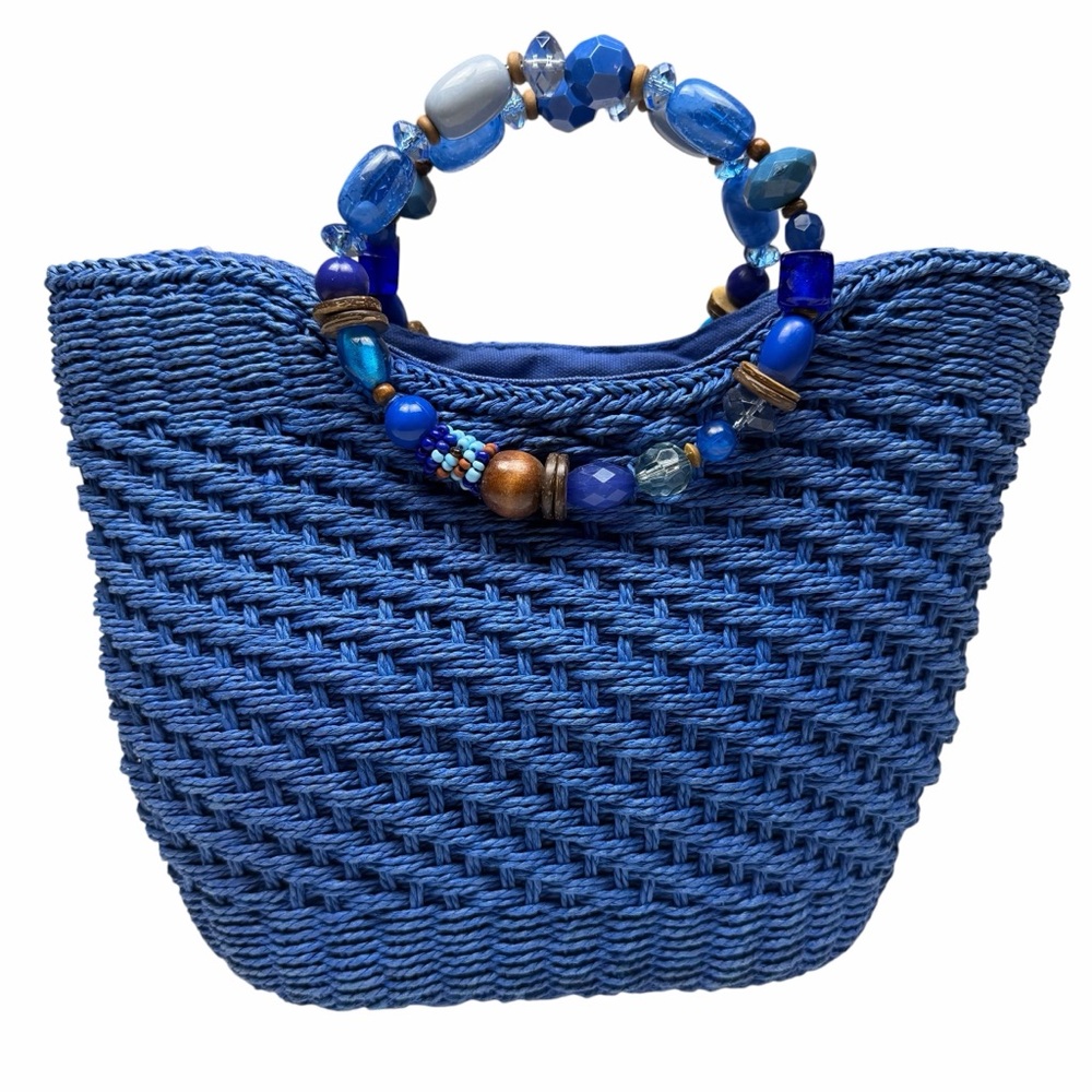 Capelli Straworld Blue Woven Beaded Handle Woven Tote Bag Y2K Coastal Boho